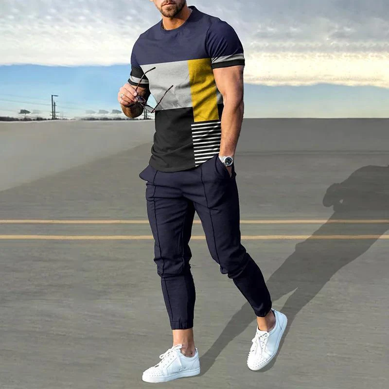 Summer New O Neck Harajuku Y2K Printing Tee Casual Fashion Pants Set Hombre Perspective Patchwork T-shirt Top Sporty Trousers 4