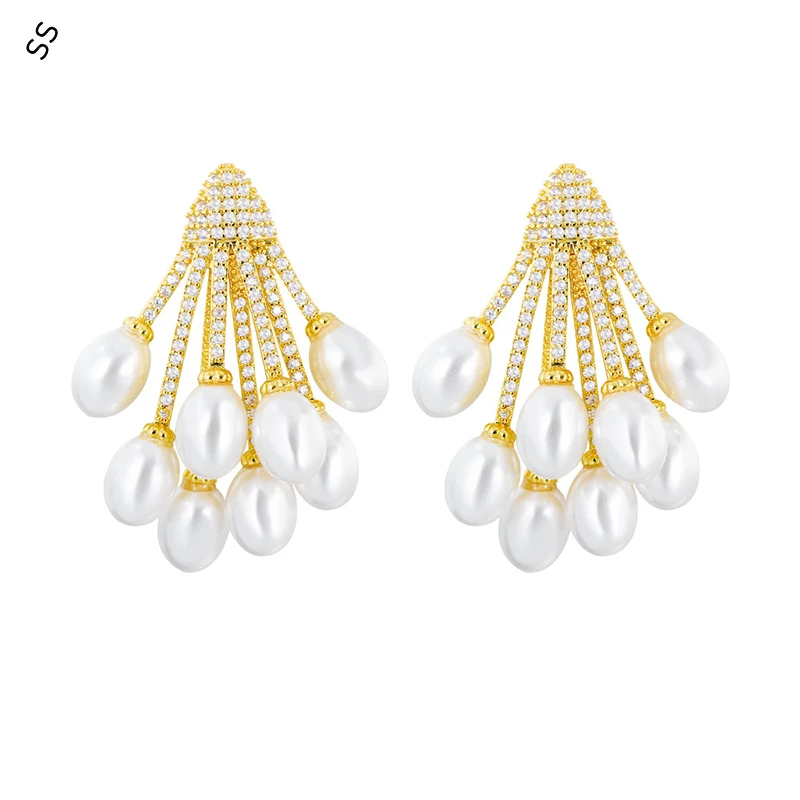 

Baroque Pearl Earrings Korean Ins Style Hand-inlaid Zircon Colored Gemstone Earring-studs Women's Retro Jewelry Ear-ornaments