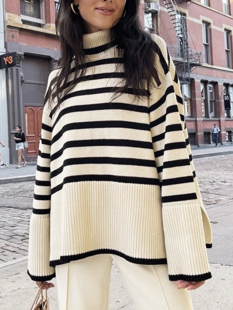 

Autumn Winter Women Pullover Long Sleeve Top Korean Fashion Oversized Sweater Streak Commuting Knit Turtle Neck Tops for Women