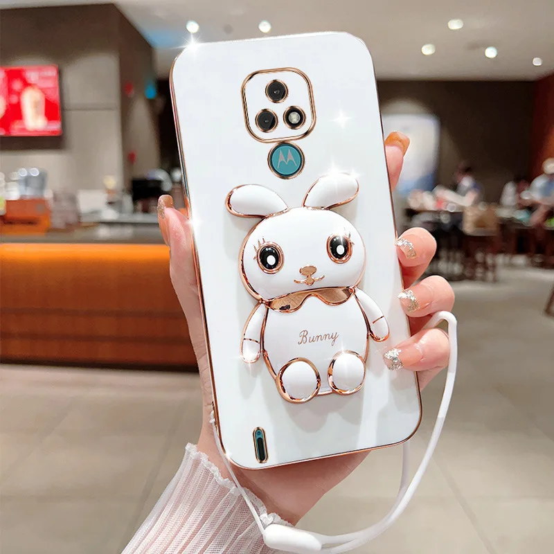 3D Rabbit Astronaut CaseFor Motorola Moto G53 E7 G8 Power G9 Play G50 G20 G30 G60 G82 E20 Edge 20 Folded Bracket Plating_voghion.com