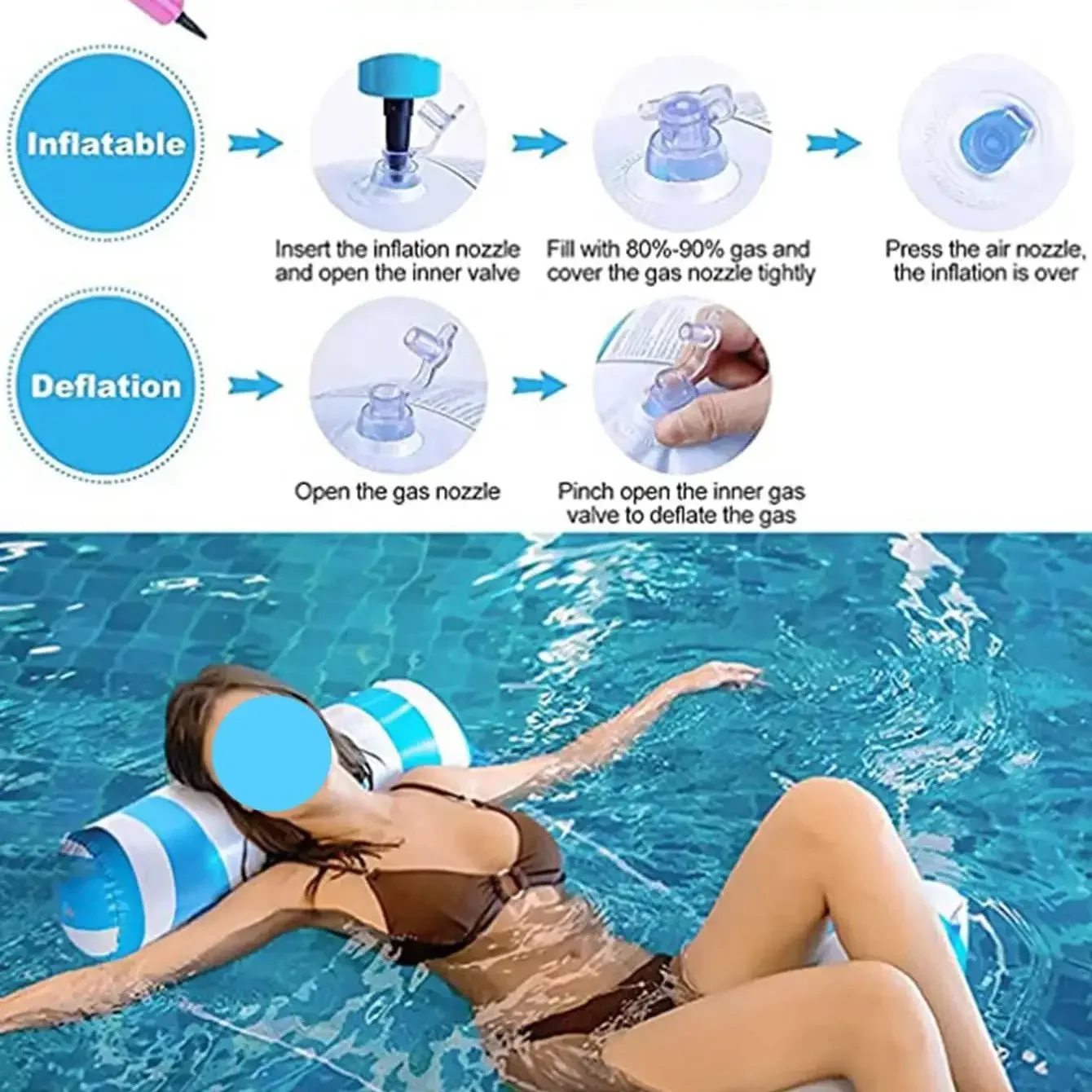 2pcs - Water inflatable hammock foldable swimming pool party floating chair (1 water recliner+1 randomly colored pump) 4