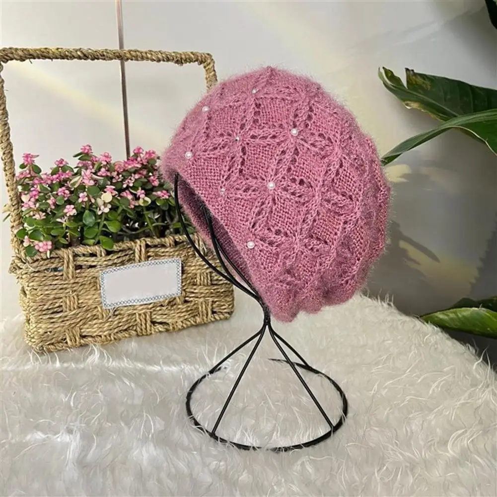 

Knit Hat with Faux Pearl Stylish Women's Knitted Hat with Faux Pearl Decor Handmade Soft Stretchy Skull Beanie Cap for Autumn