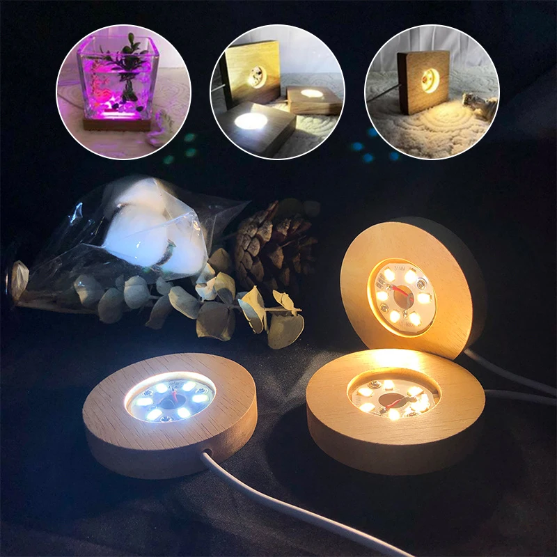 Wooden LED Light Display Base Crystal Glass Resin Art Ornament DIY Netflix Night Lamp LED Light Rotating Display Stand