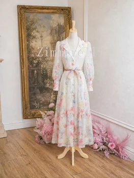 Abito da sera elegante in stile corte francese da donna, con maniche a lanterna, colletto a blazer, stampato, lungo, vintage chic, con volant, per festival