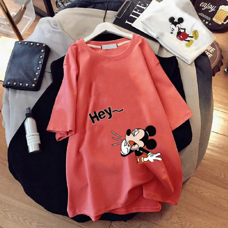 Large Size Mickey Mouse T-shirt Girl Trend Mid-Length Loose Casual  Short-Sleeved Cartoon Mickey Print T-shirt Round Neck Top