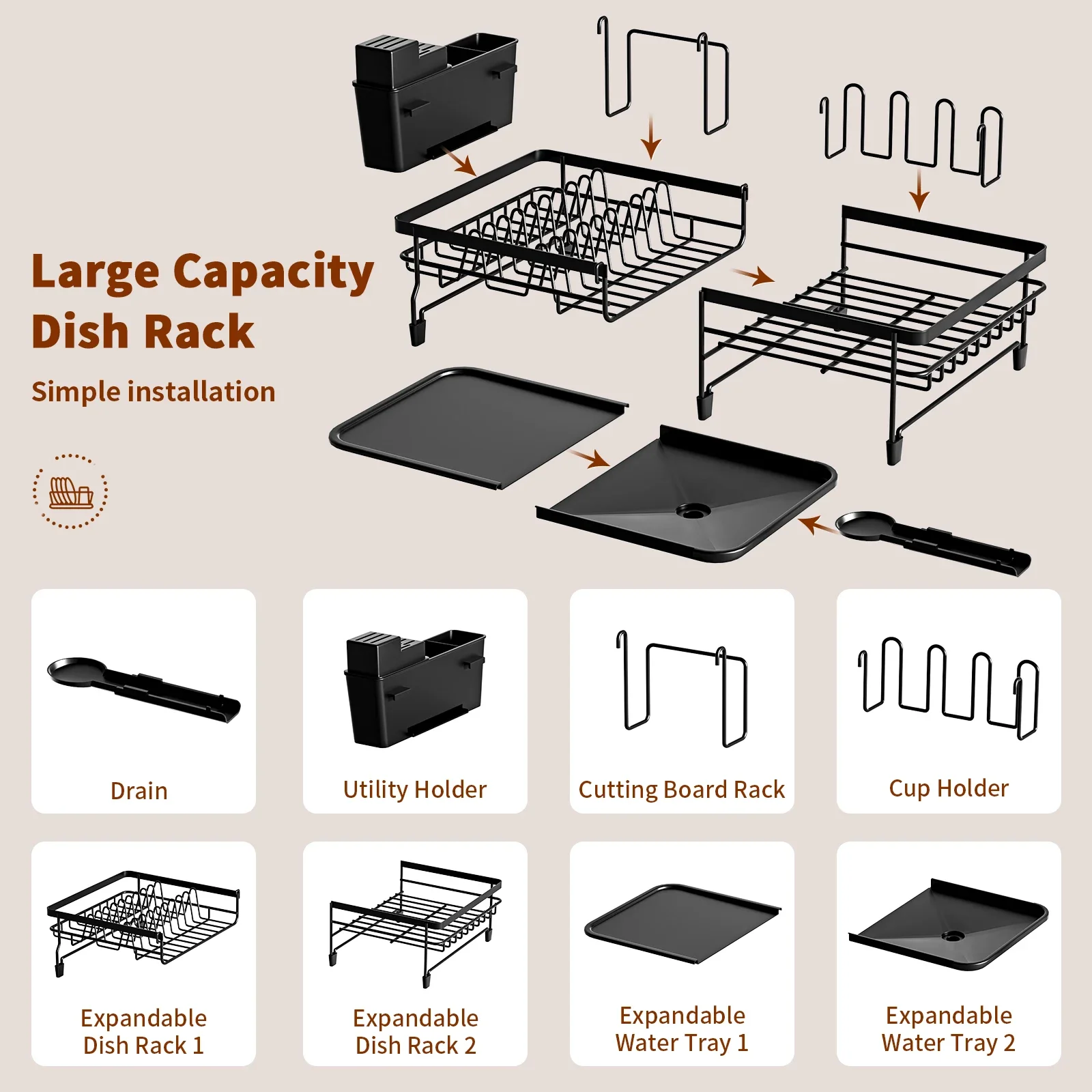 Expandable Dish drying rack Kitchen countertop tablewares storage rack Multifuctional Drained board Sturdy Black 5
