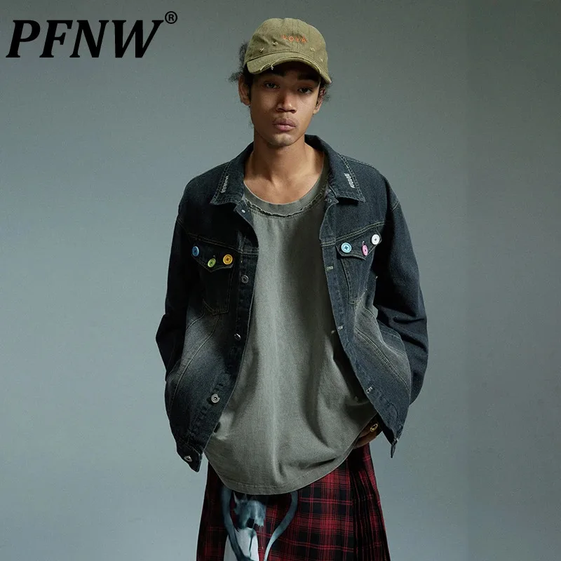 

PFNW Button Decoration Men's Denim Jackets Vintage High Street Male Worn Out Coats American Stylish 2024 Spring Chic New 28W2902