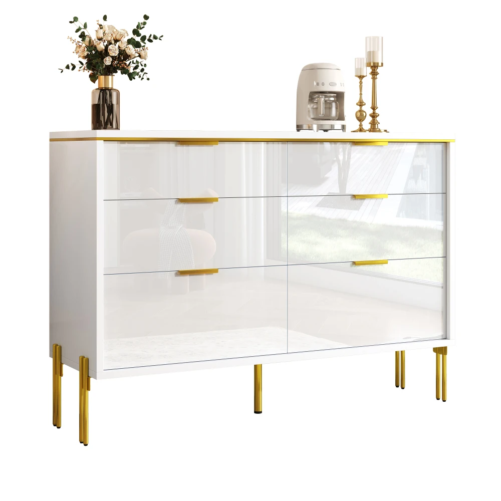 PINGGO Modernes Weiß-Gold Sideboard 6 Schubladen Hochglanz-Aufbewahrungsschrank für Wohnzimmer Essbereich Flur – Detail 10
