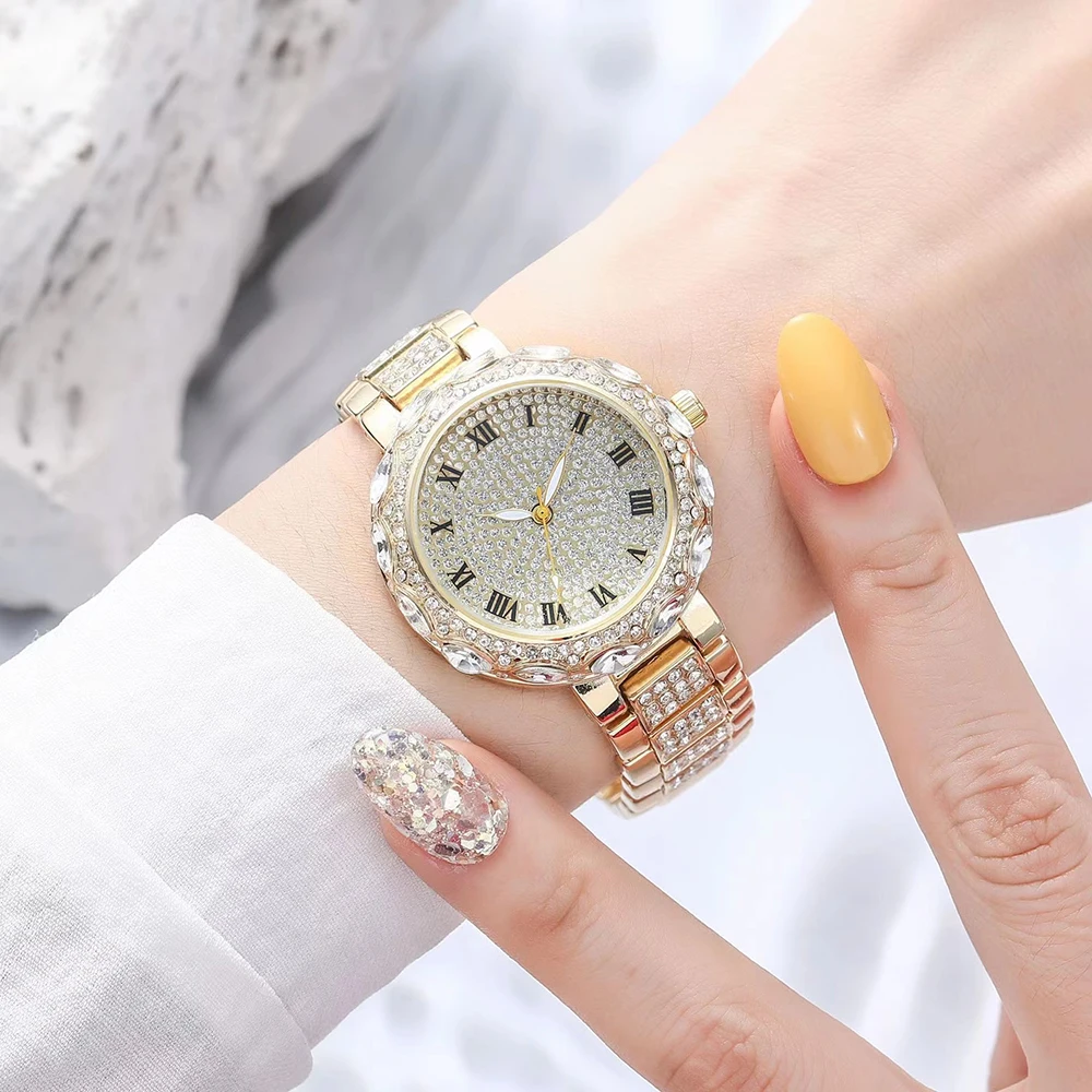 Fashion Luxury Women Bracelet Watches Ladies Gold Diamond Quartz Womens WristWatch Clock Heart Necklace Women Party Jewelry Set