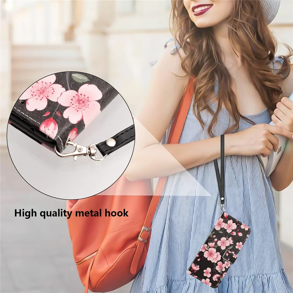 Floral Leather Flip Phone Case with Strap - Fashionable Protective Cover