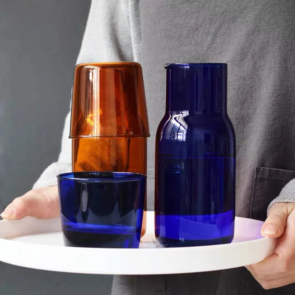 Bedside Water Carafe with Tumbler Glass Set for Bedroom Nightstand Glass Mouthwash Bottle Juice Water Pitcher for Kitchen Bath