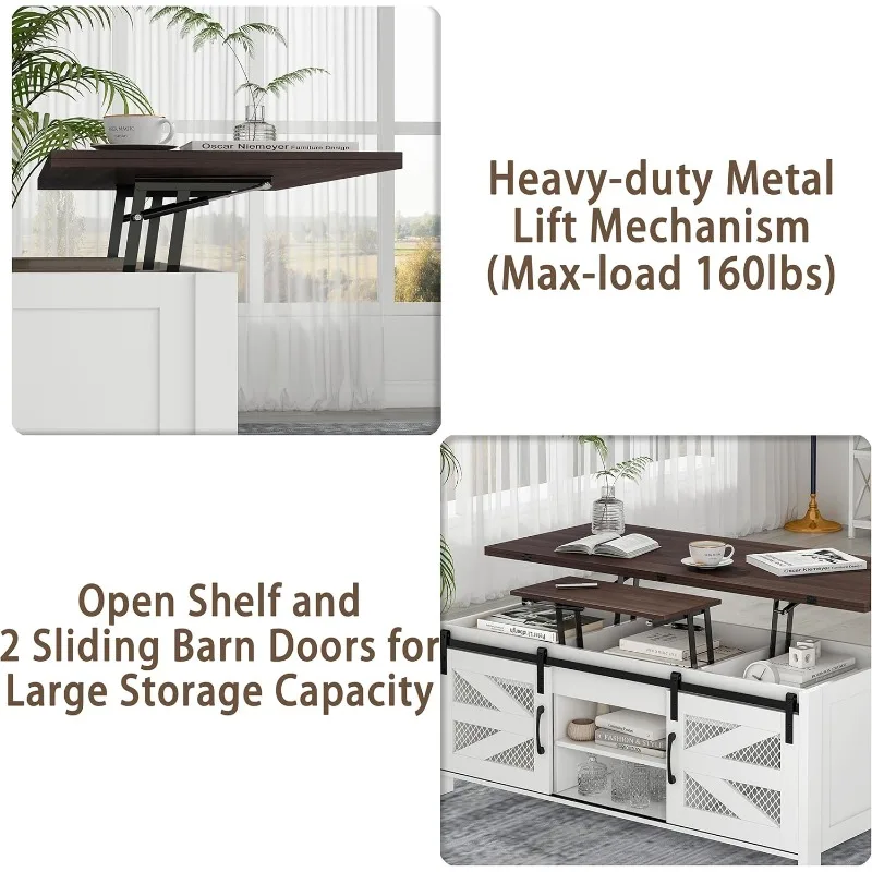 47.2" Lift Top Coffee Table 4 in 1 Farmhouse Coffee Table with Storage Coffee Tables for Living Room, Dining Room (White) 6