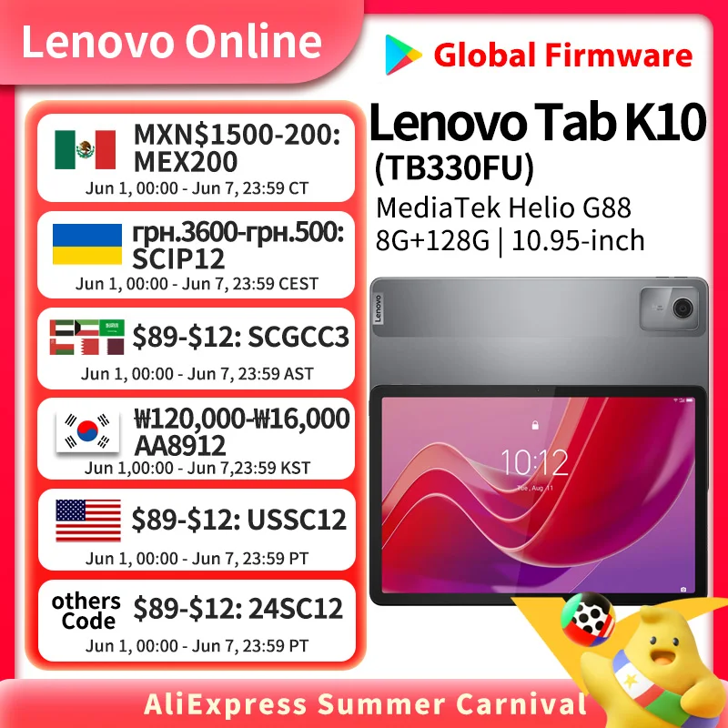 Global ROM Lenovo Zhaoyang Tab K10(M11) 10.95-inch 90hz Wifi MediaTek Helio G88 Face Recognition 465g 7040mAh 10w charger