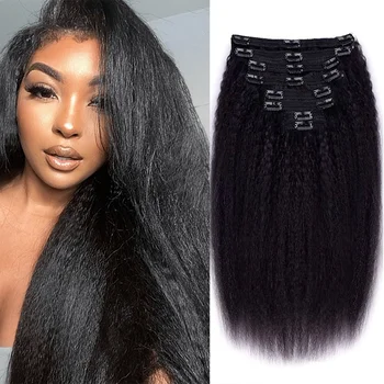 Kinky Straight Clip In Hair Extensions 100% Real Human Hair Natural Black 8 Pcs/120g Full Head Brazilian Remy Clip ins Seamless 1