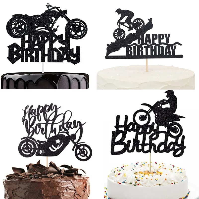 Motorcycle Cake Topper Kids Man Boys Happy Birthday Black Bicycle Cupcake Toppers Wedding Decoration Party Baking Supplies DIY