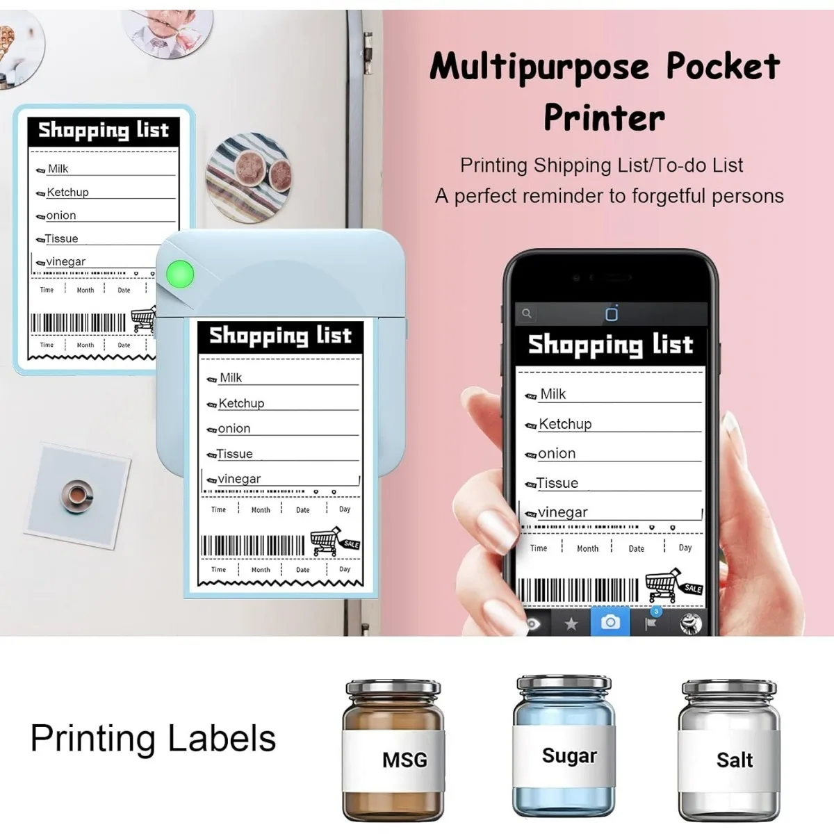 Inkless Sticker Printer Mini Thermal Printer with Roll of Thermal Paper, Wireless Pocket Printer Smart Portable Receipt