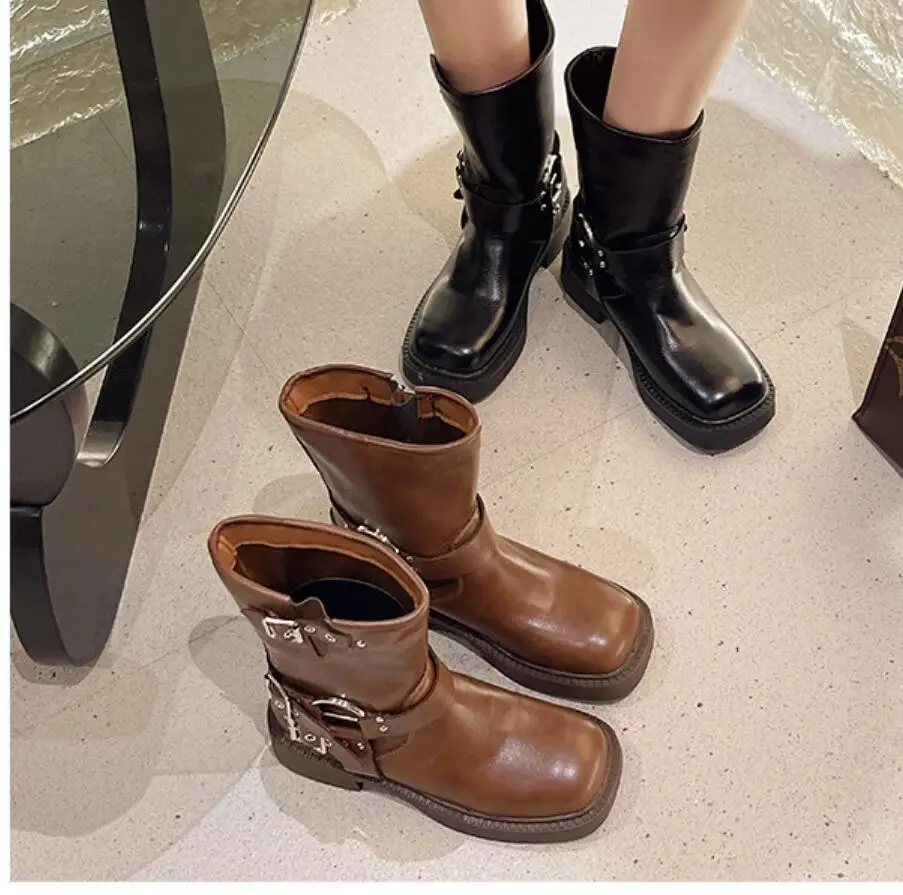 Autumn Winter Square Toe Woman Ankle Boots Fashion buckle Ladies Elegant Thick High Heel Short Boots Shoes Black Women's Boots