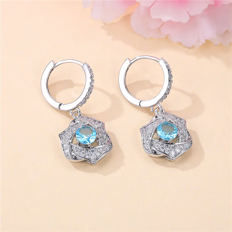 Female Crystal Light Blue Zircon Stone Dangle Earring Cute Tassel Long Wedding Jewelry For Women