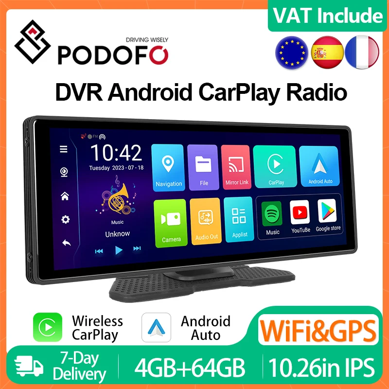 Podofo 8Core 4G + 64G Android Carplay Player Wireless Android Auto Car Radio Adas Dash Cam Dvr 10.26 "Lettore Multimediale Gps Wifi