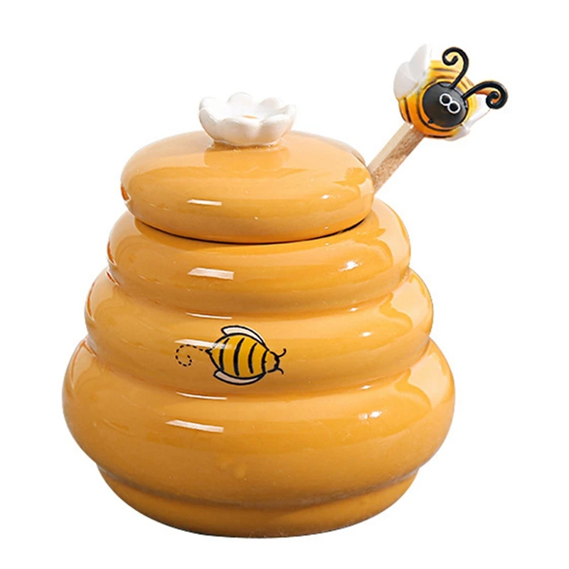 Ceramic Beehive Honey Pot And Wooden Dipper Honey Jar With Lid Honey
