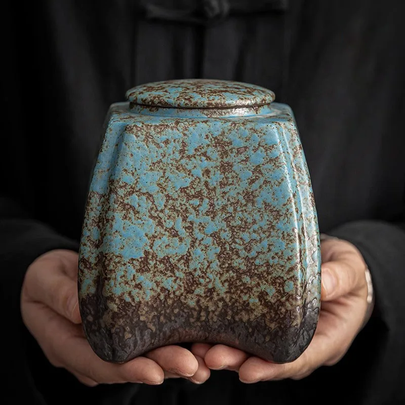 Kiln Turns Blue Ceramic Tea Caddy Sealed JarTea Box Decorative Storage Tank Tea Organizer Candy Jar Tea Container Storage Bottle