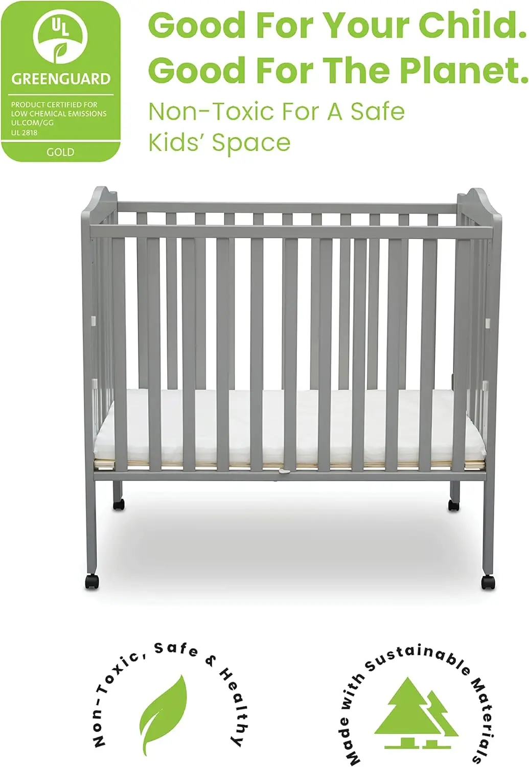 Children Folding Portable Mini Baby Crib with 1.5-inch Mattress-Gold Certified, Grey