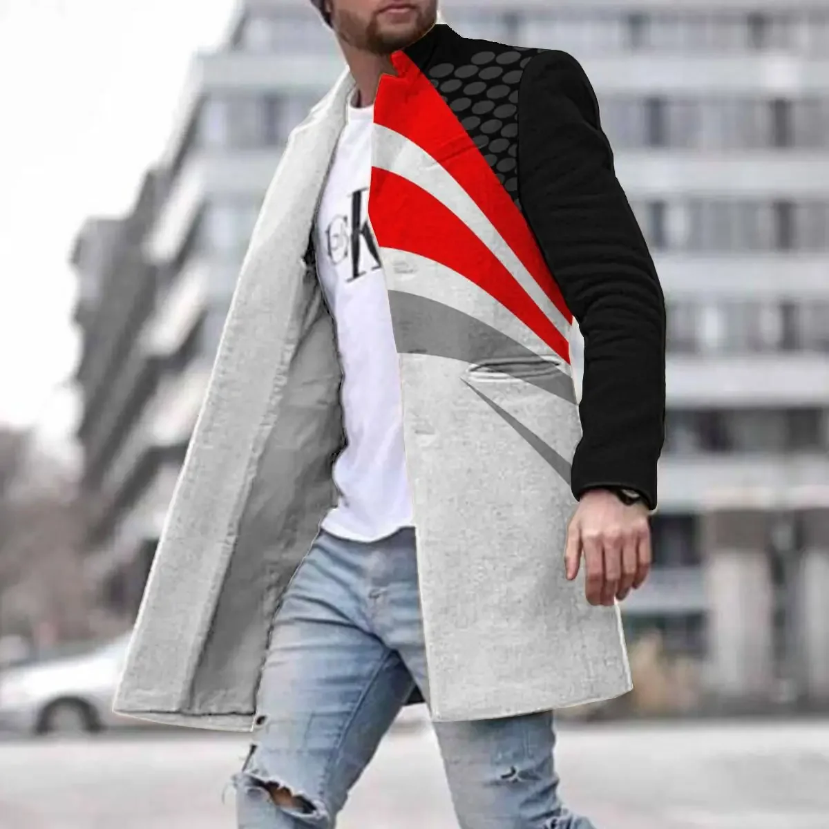 new spring print new men's street youth woolen stand collar medium length pocket casual coat trench coat men techwear
