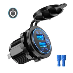 Dual USB Waterproof Fast Car Charger with Touch Switch (Blue no wire)