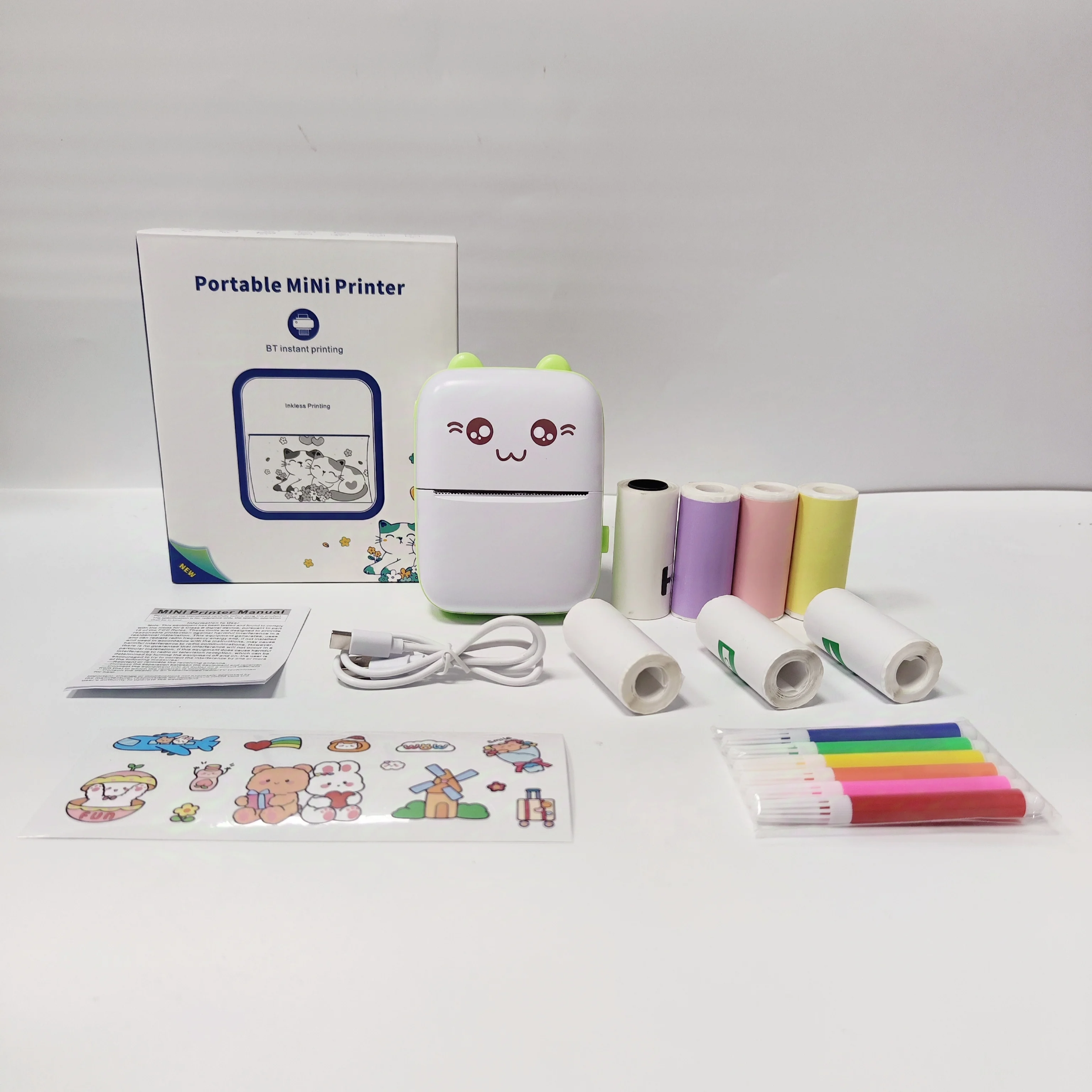 휴대용 무선 미니 포켓 프린터 (3색 스티커 용지, 3롤 스티커, 1롤 투명 스티커, 6색 펜 포함)