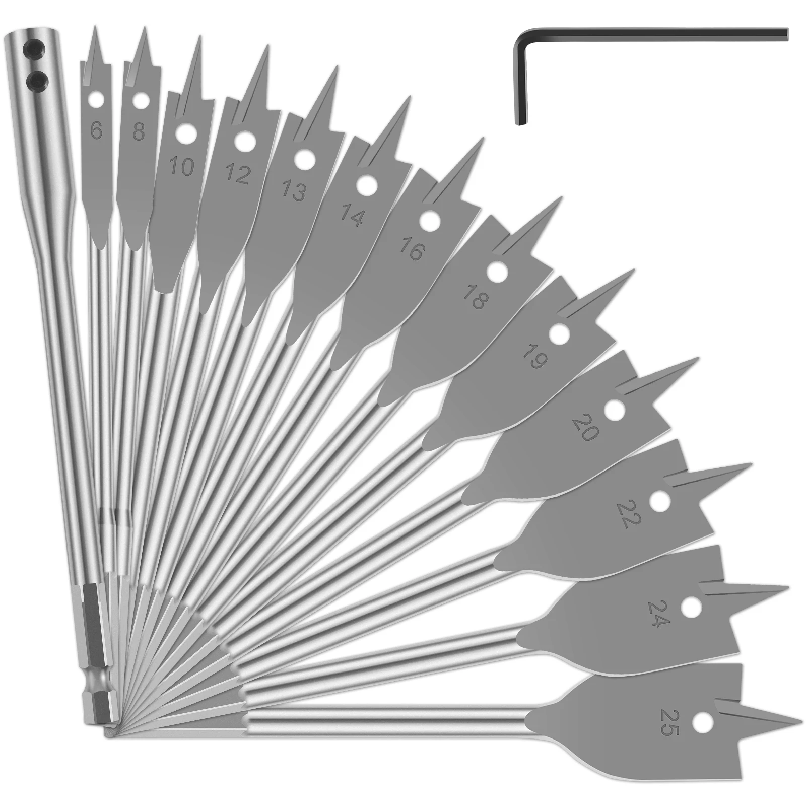 

15Pcs Spade Drill Bit Set 6mm-25mm Carbon Steel Paddle Flat Bit Set with Connection Rod and Wrench High Hardness Wood Hole