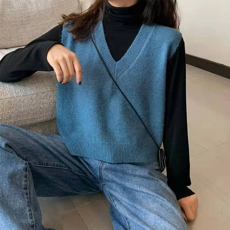Fashion V-Neck Solid Color Knitted Loose Sleeveless Vest Sweater Women\'s Clothing 2022 Autumn New Casual Pullovers All-matchTops