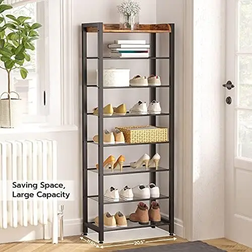 10 Tier Shoe Rack, Narrow Shoe Storage Organizer with 9 Metal Shelves,  Saving Space, Stable and Sturdy, Hold 18-27 Pairs of Shoes, for Entryway,  Hallway, Living Room, Rustic Brown BF40XJ01