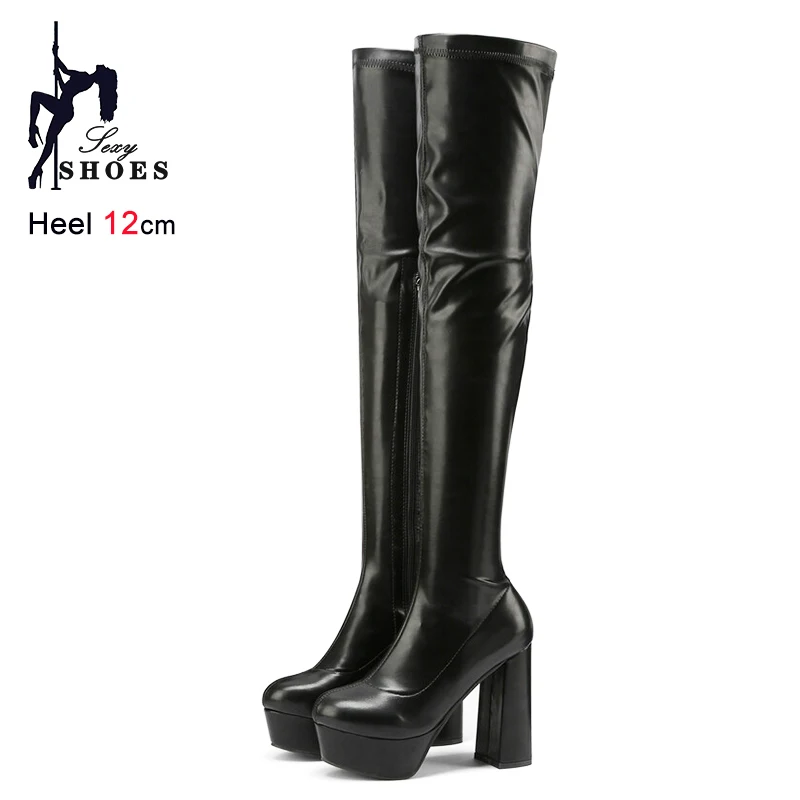 Female Thigh Boots Stretch Leather 12CM Square Heel Platform Boots For Women's Over-the-Knee Europe and America Lareg Size Shoes