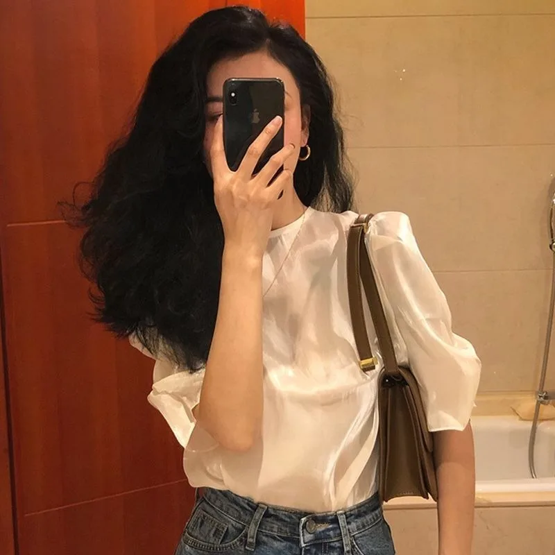 

Deeptown White Puff Sleeve Blouse Women Satin Korean Fashion Short Sleeve Shirt Summer Slim Chic Elegant Basic Lace Up Old Money