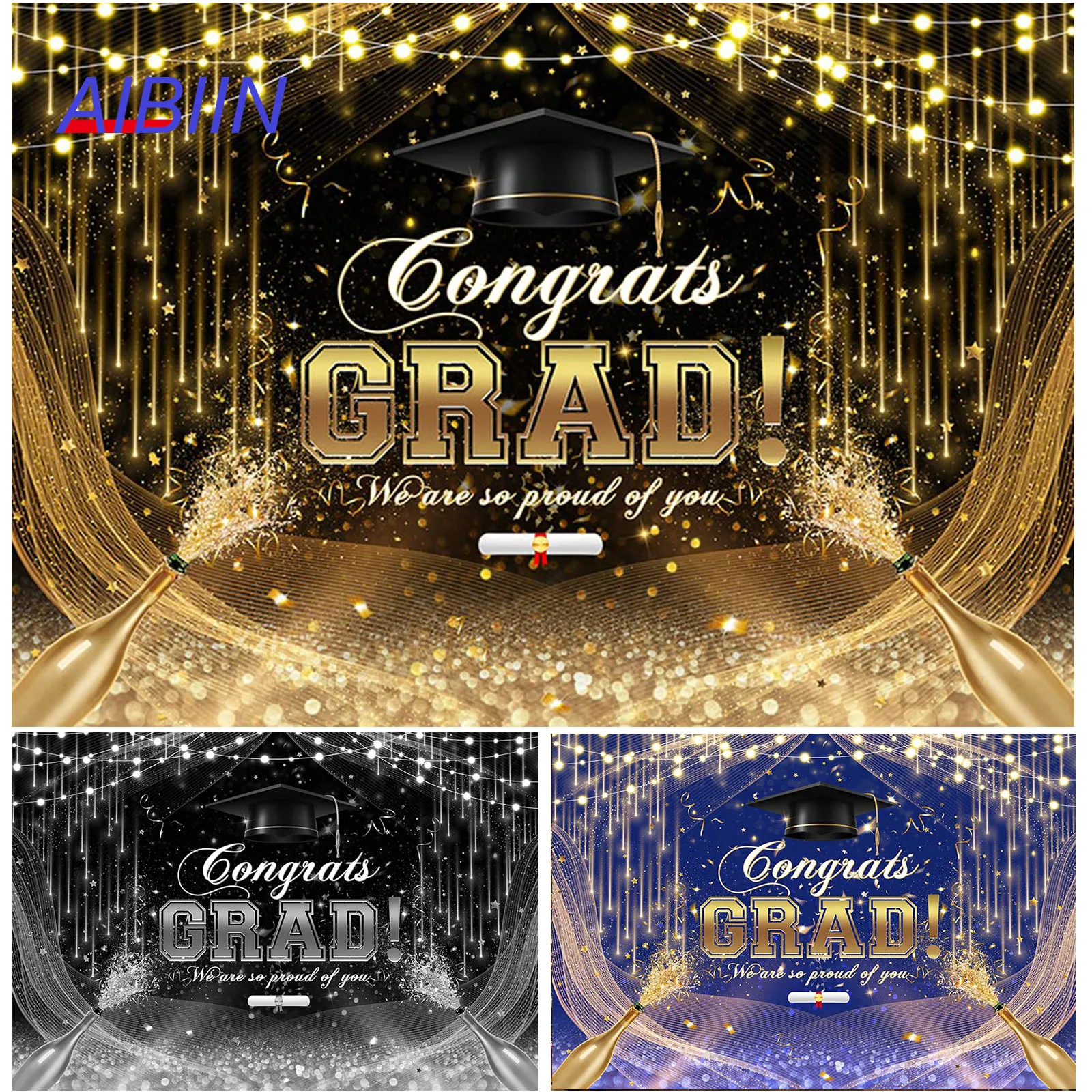 

AIBIIN Congrats Grad Photography Background Black Gold Glitter Backdrop Class of 2024 Prom Poster Graduation Party Decorations