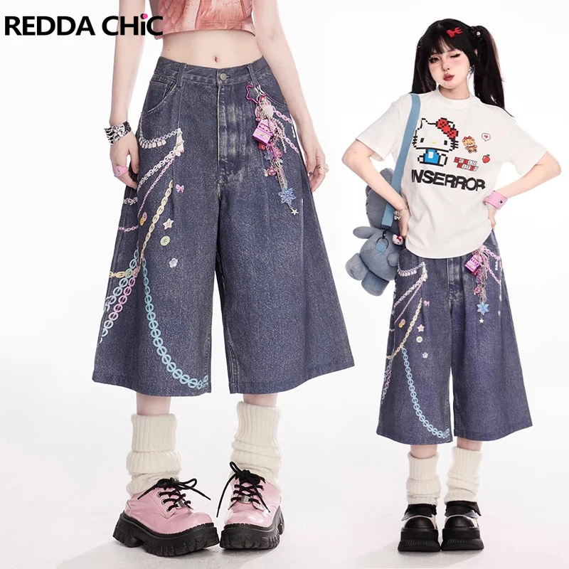 REDDACHiC Rainbow Chain Print Bermuda Pants for Women Summer New Pleated Pockets Wide Leg Jean Shorts Retro Y2k Gyaru Streetwear