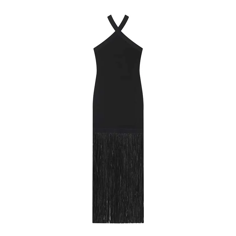 Women's Tassel Trim Sleeveless Halter Maxi Dresses Solid Patchwork Bodycon Gown Thigh Slit Sexy Club Party Beach Vacation Dress