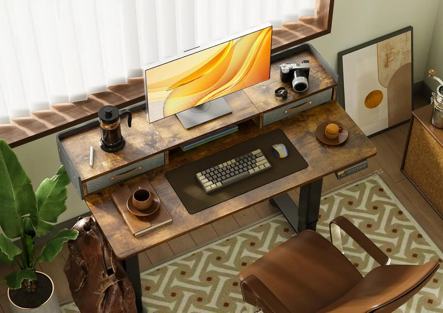 Standing Desk with Drawers, Stand Up Electric Standing Desk Adjustable Height, Sit Stand Desk with Storage Shelf 2