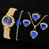 6PCS/Set Women's Blue Alloy Watch Strap Fashionable Rhinestone Quartz Watch Necklace Earrings Jewelry Set 1