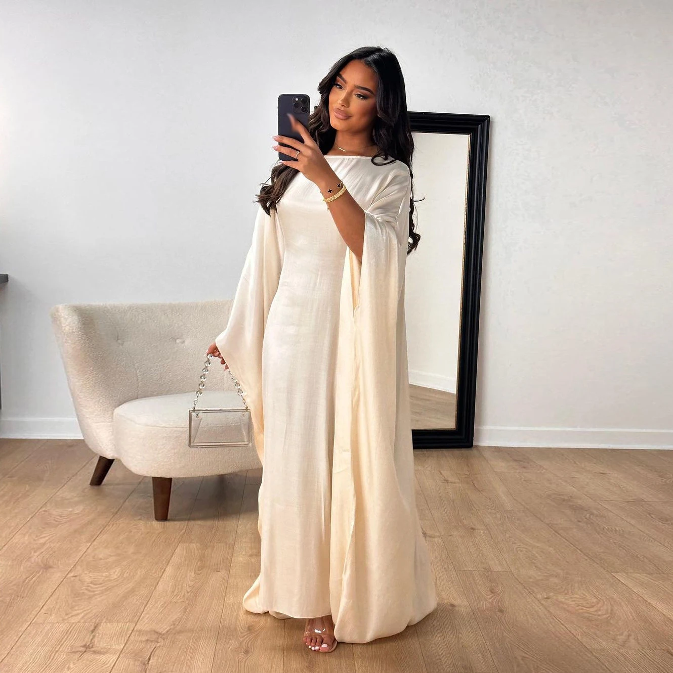 Ramadan Summer Batwing Sleeve Satin Butterfly Abaya Islam Muslim Maxi Dress Kebaya Women Kaftan Robe Musulmane Femme Vestidos