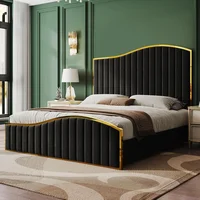 Queen Size Bed Frame, 61.4" High Headboard Platform Bed Velvet Upholstered with Gold Trim & Footboard/Wooden Slats 1