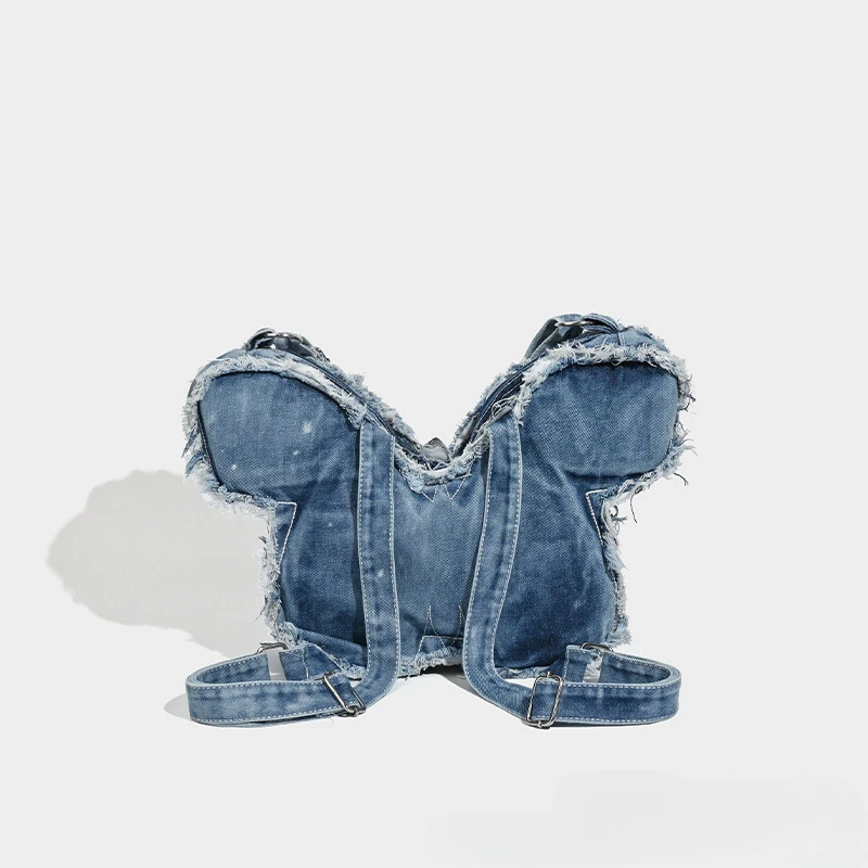 Women's Unique Design Washed Denim Bag with Butterfly Shaped Punk Style Shoulder Crossbody Backpack