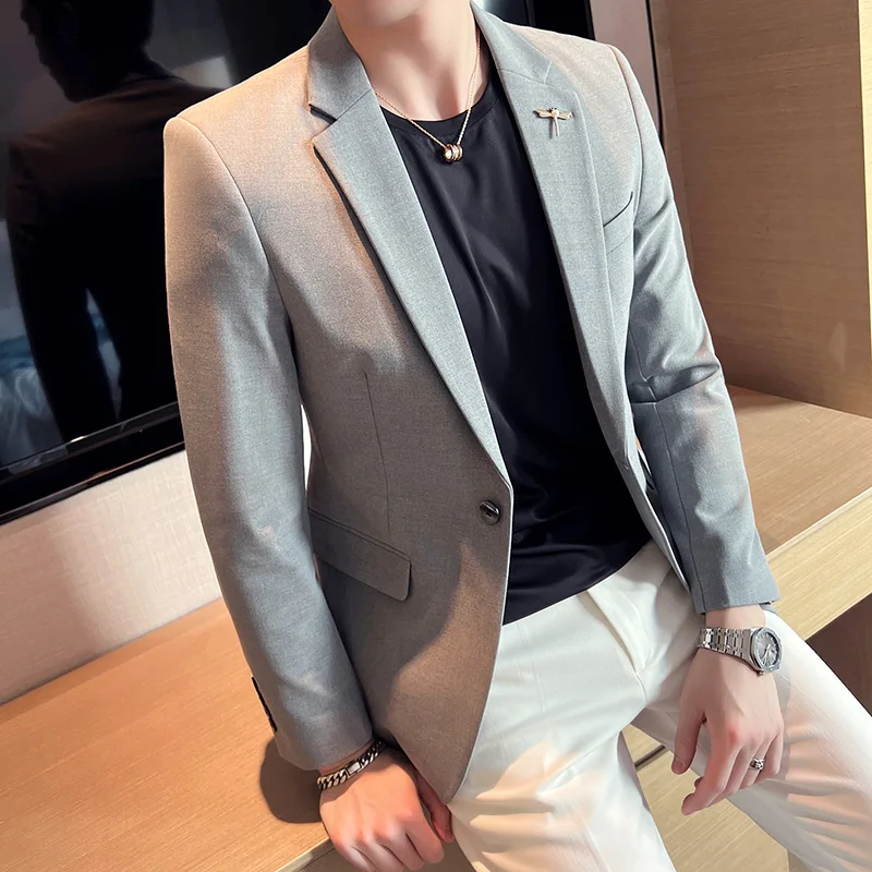 Luxury Men Blazer Spring and Autumn Fashion Men's Solid Color Casual Business Suit Jacket Groom Wedding Dress Party Suit Coat 3