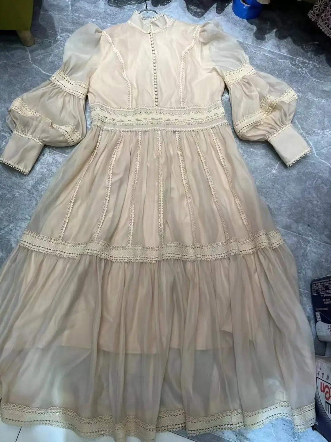 Elegant Long Dress Fairy Style Stand Up Collar Lantern Sleeves Splicing Waist Fashion Dresses Women 2025 Spring Autumn 1351