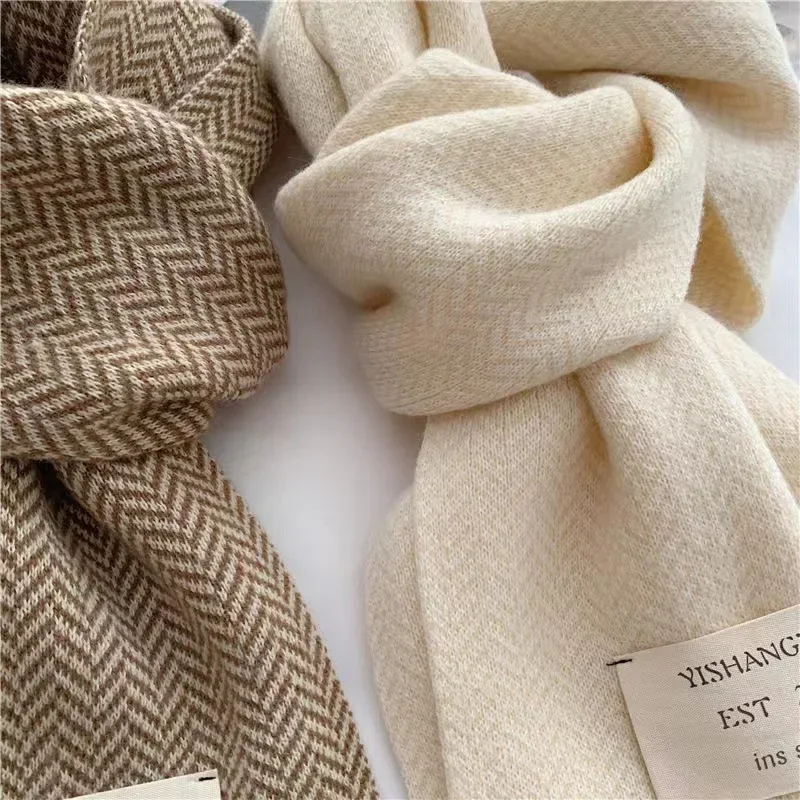 Women Winter Scarves High Quality Knitted Scarf Korean Style White Vintage Stripe Pattern Scarves Winter Outdoor Warm Scarves 4