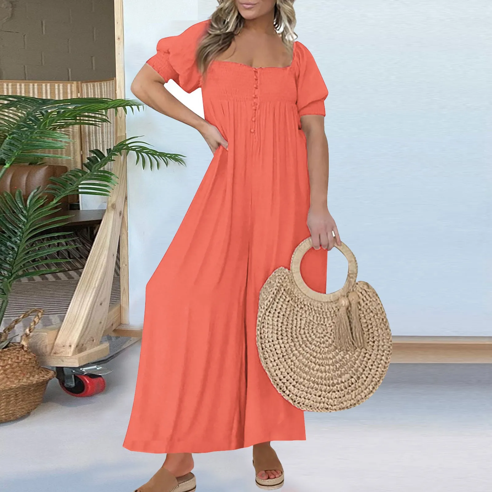 

Summer Wide Leg Pants Women High Waist Jumpsuit Sexy Square Collar Button Pleat Romper Spring Puff Short Sleeve Loose Overalls