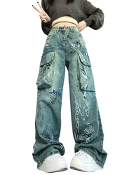 Graffiti Cargo Baggy Jeans Women Loose Boyfriend Casual Retro Y2K Streetwear Harajuku Denim Pants Blue Big Pocket Trousers Girls