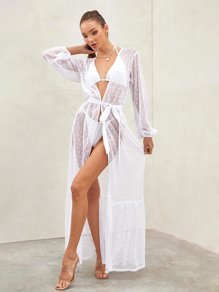 Marthaqiqi Polka Dots Ladies Pajama Sexy V-Neck Robe Long Sleeve Sleepwear Lace Up Nightgowns Floor-Length Bathrobe Home Clothes