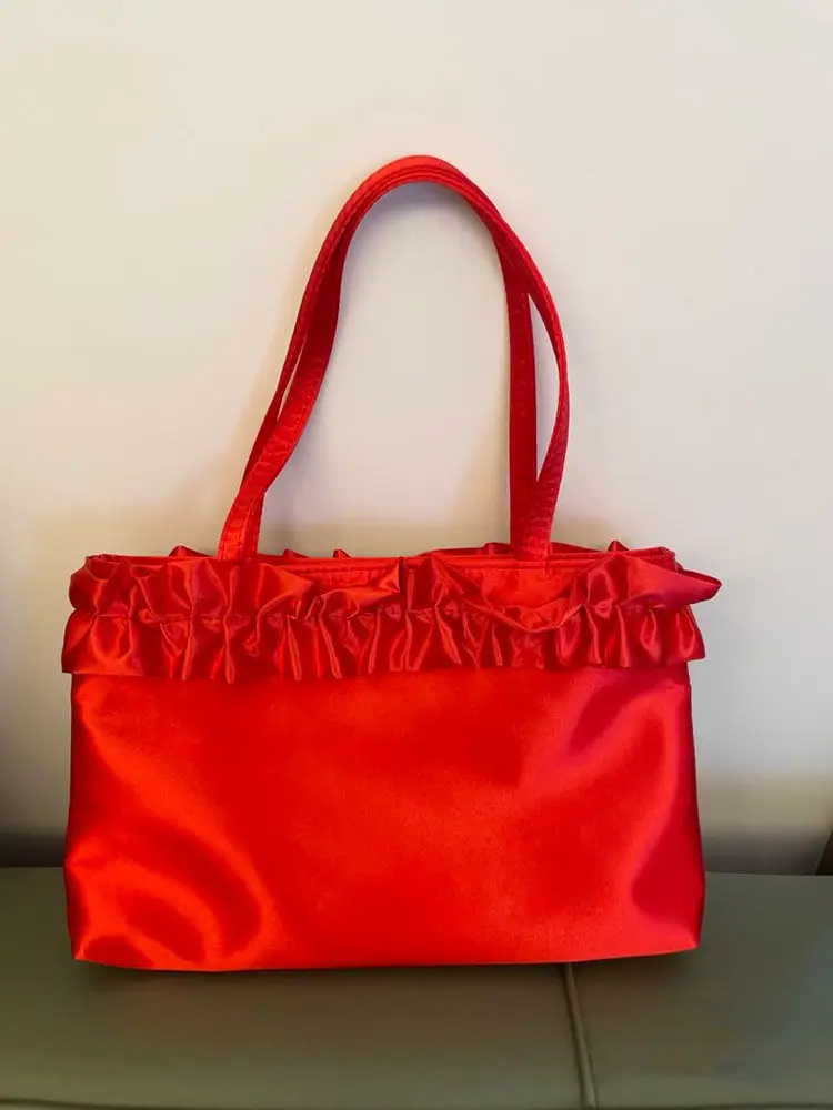 French Red  Ruched Lace Underarm Bag Large Capacity Handbag Tote Bags Women Commute Shoulder Bag