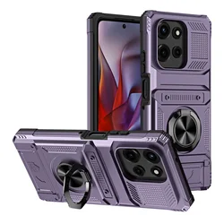 Dual Card Slot Pocket Armor Metal Bracket Magnetic Stand Case Cover for Moto G Pure (PURPLE)